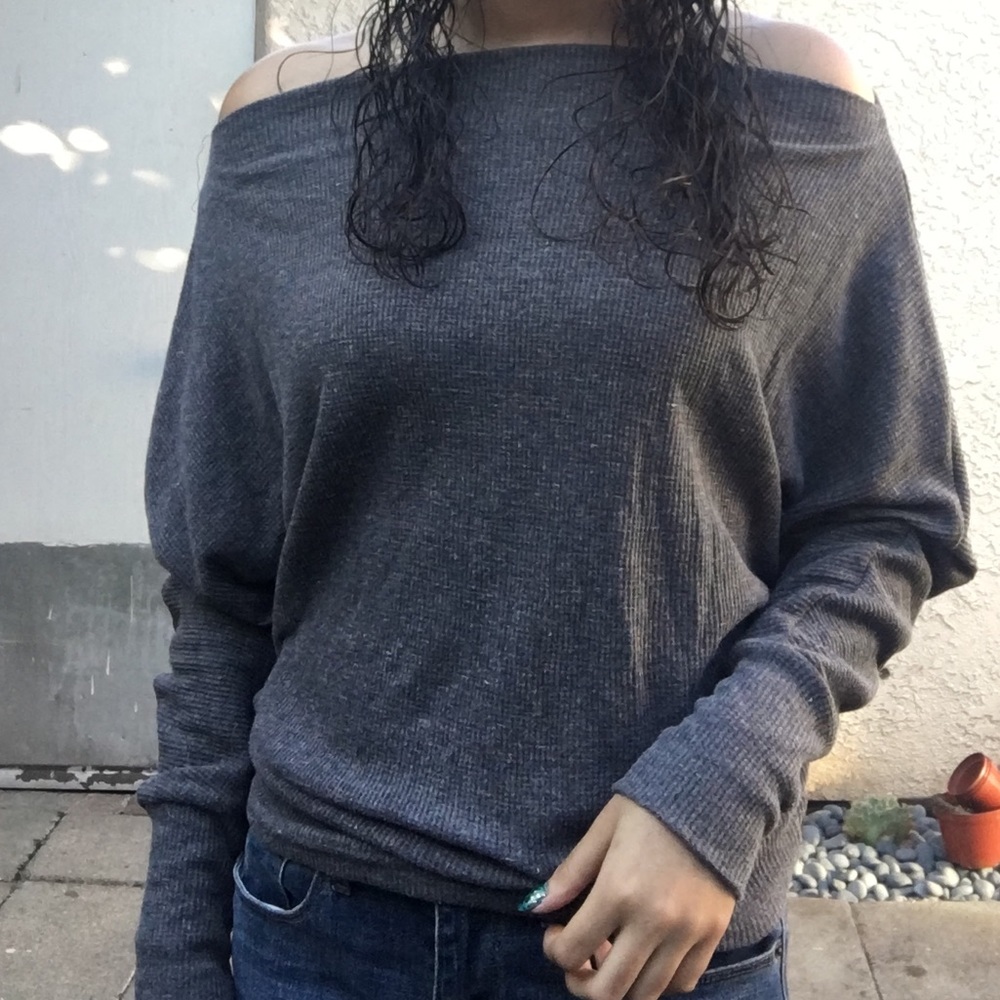Off shoulder waffle knit top.